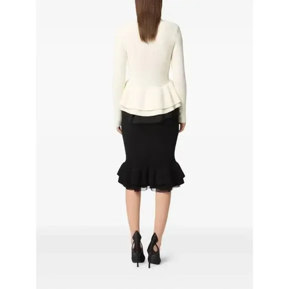 Nina RicciV Neck Layered Mix Ruffled Wool Knit Cardigan in Cream M